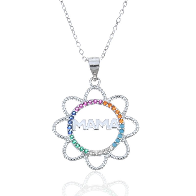 Collar mamá de plata con flor multicolor