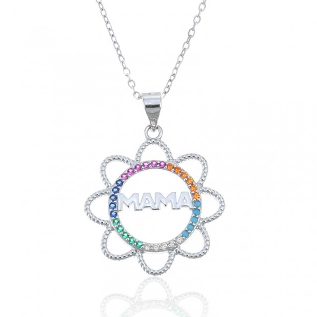 Collar mamá de plata con flor multicolor