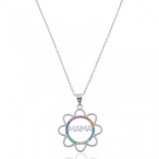 Collar mamá de plata con flor multicolor