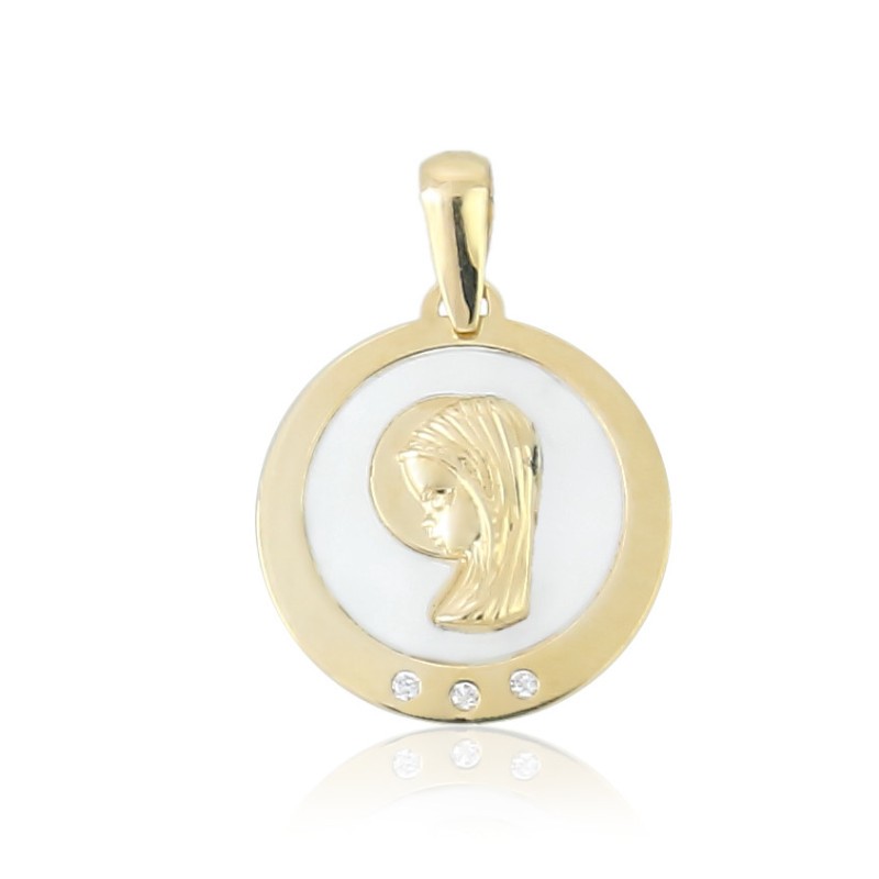 Medalla de la Virgen niña de oro con nácar y circonitas