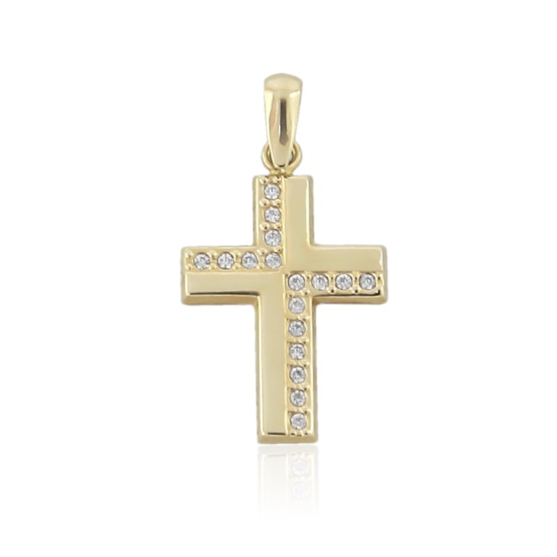 Cruz de oro de 18K con circonitas y diseño plano