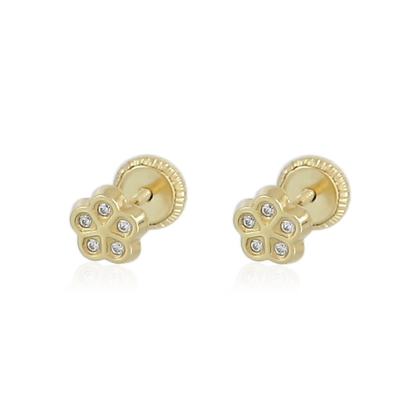 Pendientes de oro 18K en forma de flor con circonitas para niña