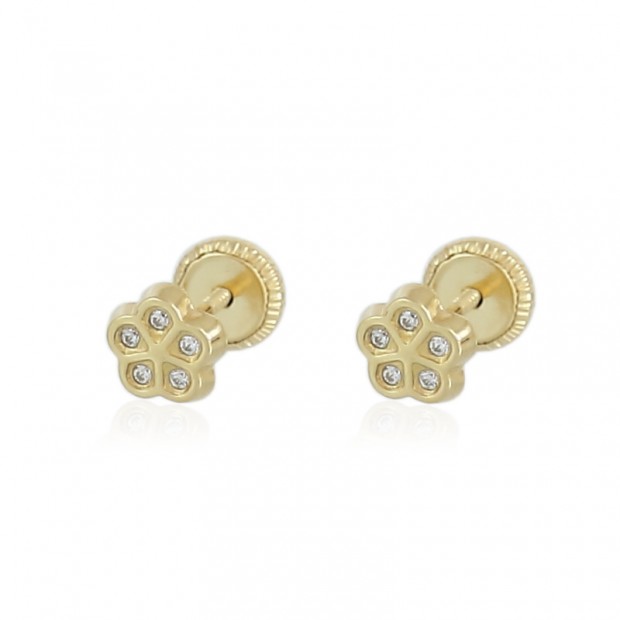 Pendientes de oro 18K en forma de flor con circonitas para niña