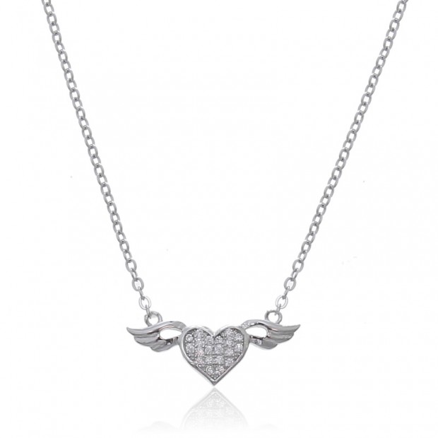 Collar corazón con alas de ángel en plata con circonitas