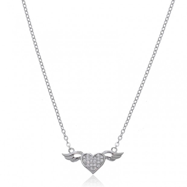 Collar corazón con alas de ángel en plata con circonitas