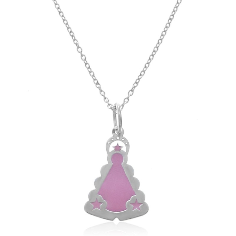 Gargantilla Virgen del Rocío de plata esmaltaca de color rosa