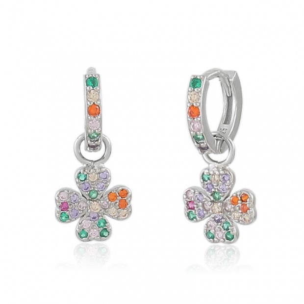 Pendiente aro con colgante de trébol y piedras de colores