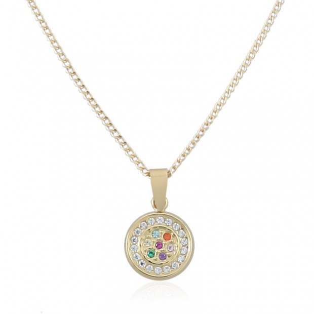 Collar de oro con disco y piedras de colores