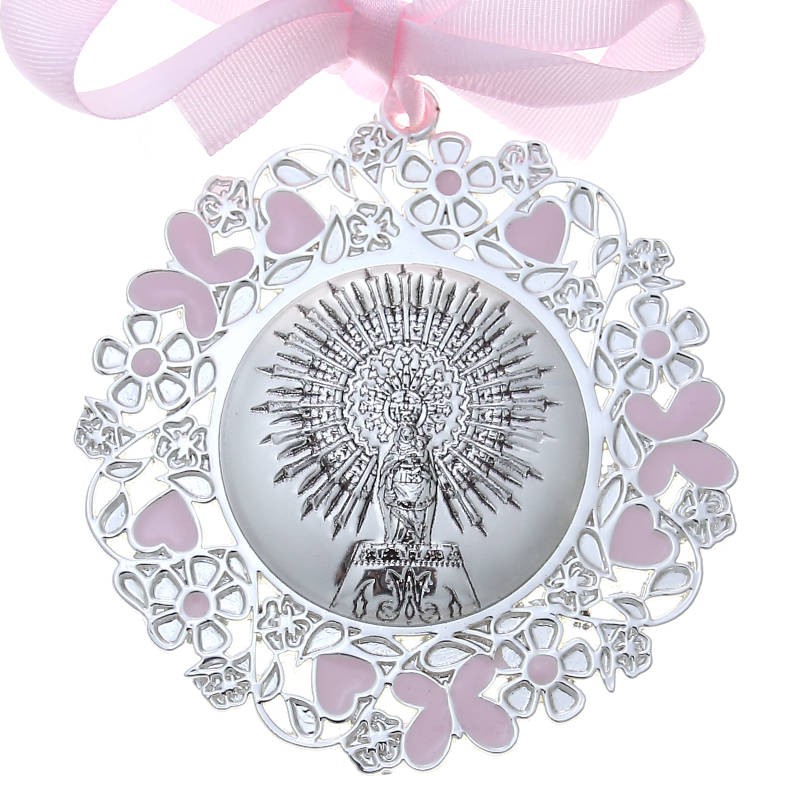Medalla cuna Virgen del Pilar esmalte rosa