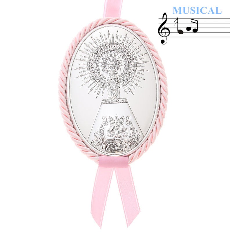 Medalla virgen del Pilar para cuna de color rosa