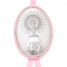 Medalla virgen del Pilar para cuna de color rosa