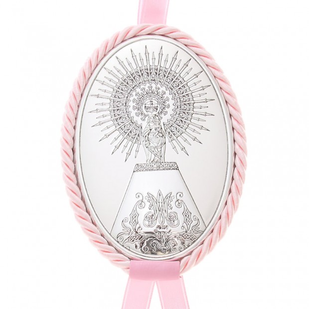 Medalla virgen del Pilar para cuna de color rosa