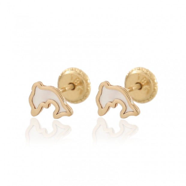 Pendientes de oro 18k en forma de delfín con interior en nácar para niña